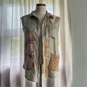 Upcycled patchwork Sage Green Linen shirt wearable art size XS One of a kind